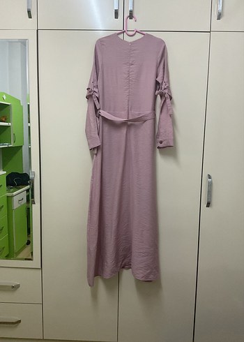 Düğmeli Uzun pembe Keten Elbise - Görsel 2