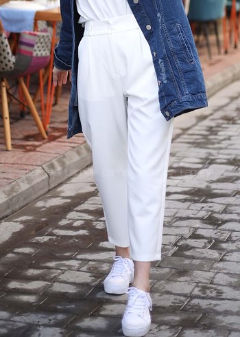 Beyaz Kemerli Midi Kot Pantolon - Görsel 2