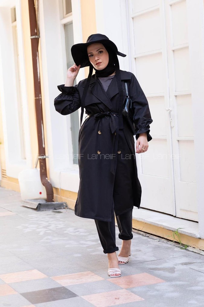 Kadın Siyah Kuşaklı Uzun Trençkot - Görsel 2