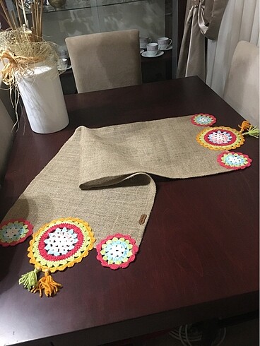 Mandala motifli jüt çuval runner
