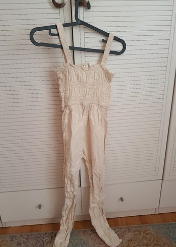 Koton marka krem rengi keten kız çocuk tulum