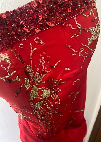 Kırmızı Nakışlı Uzun Abiye Elbise - Görsel 3