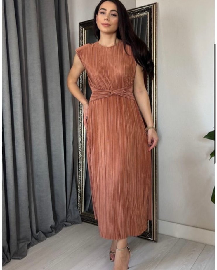 Parlak Kahverengi Pilili Midi Elbise Astarlı - Görsel 2