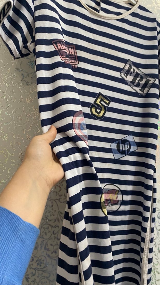 Çizgili Nakışlı Kız Tişörtü - Görsel 5