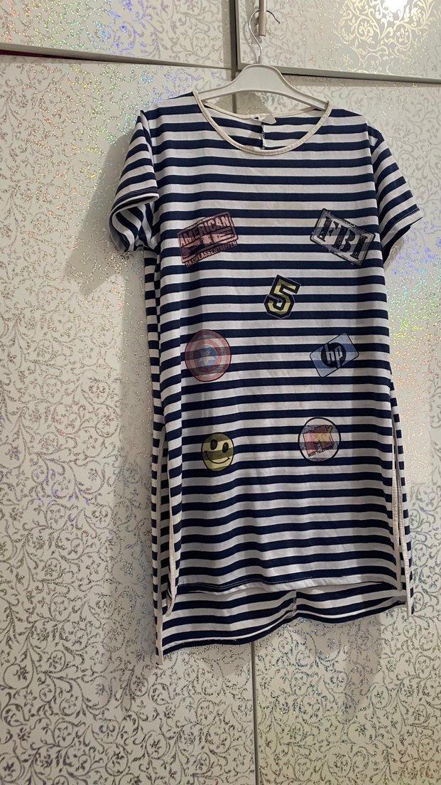 Çizgili Nakışlı Kız Tişörtü - Görsel 3