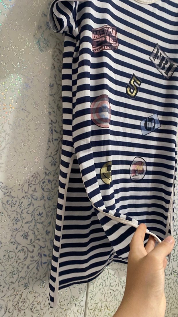 Çizgili Nakışlı Kız Tişörtü - Görsel 4