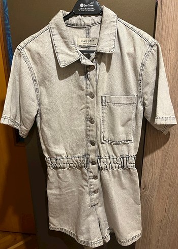 Gri Kısa Kollu Denim Kadın Tulum - Görsel 2