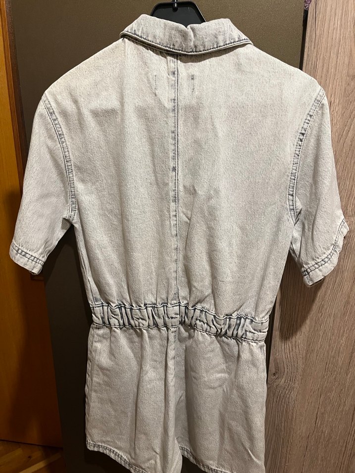 Gri Kısa Kollu Denim Kadın Tulum - Görsel 4