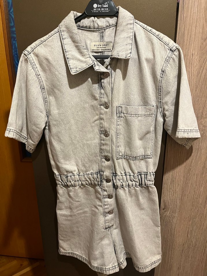 Gri Kısa Kollu Denim Kadın Tulum - Görsel 2