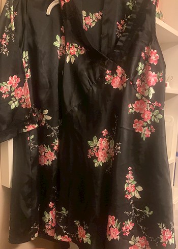 Siyah Çiçek Desenli Midi Kadın gecelik ve Sabahlık - Görsel 2