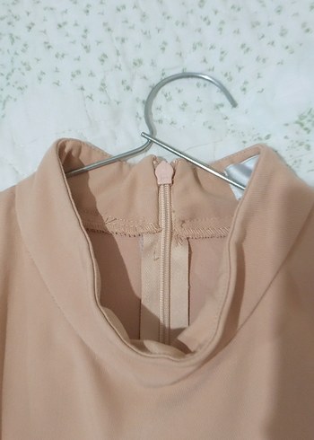 Bej Midi Drapeli Kolsuz Elbise - Görsel 6