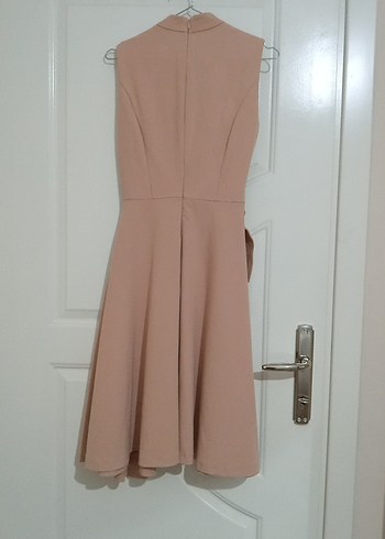 Bej Midi Drapeli Kolsuz Elbise - Görsel 5