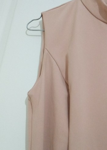 Bej Midi Drapeli Kolsuz Elbise - Görsel 4