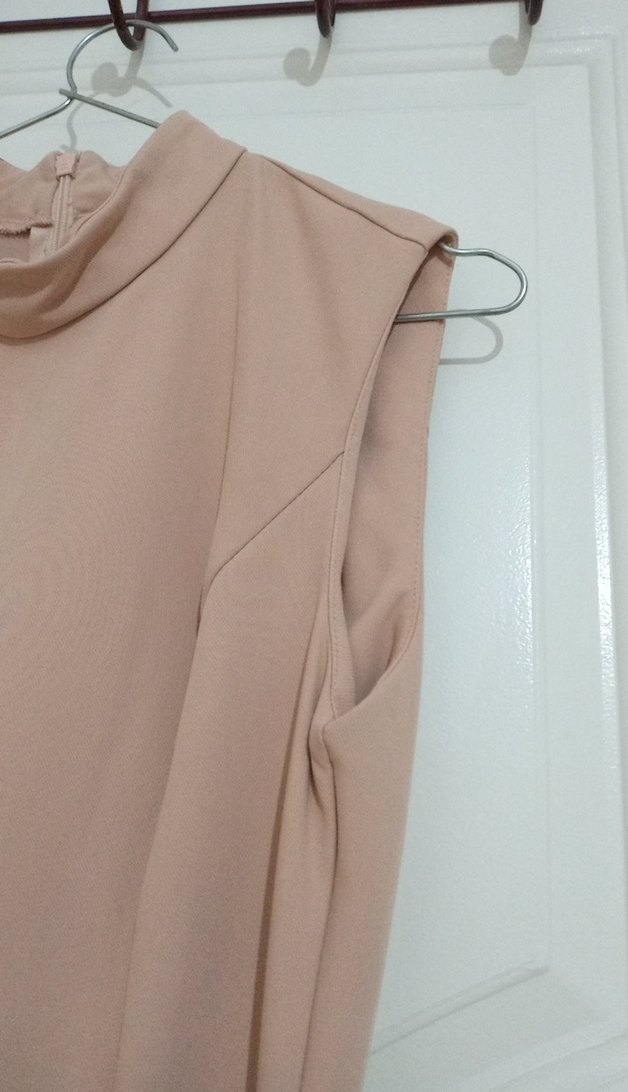 Bej Midi Drapeli Kolsuz Elbise - Görsel 3