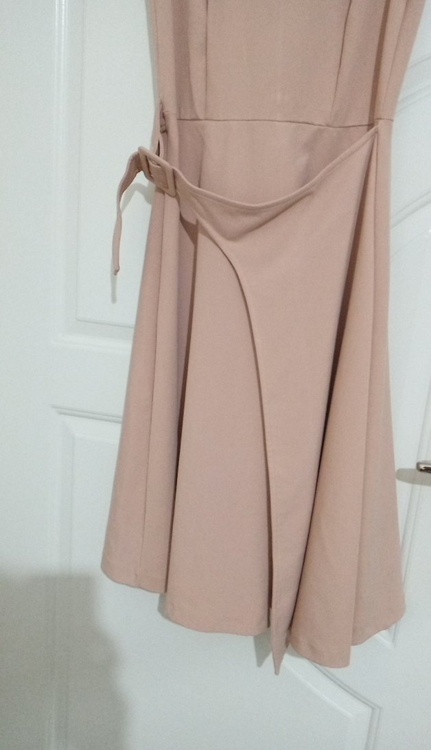 Bej Midi Drapeli Kolsuz Elbise - Görsel 2