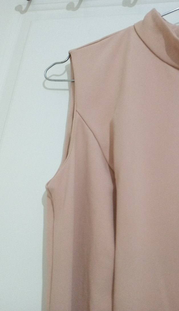 Bej Midi Drapeli Kolsuz Elbise - Görsel 4