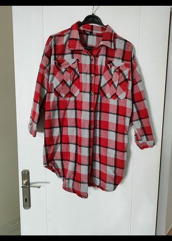 Kadın Kırmızı Gri Ekose Pamuklu Gömlek - Görsel 2