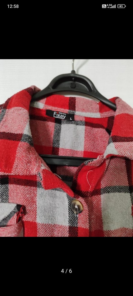 Kadın Kırmızı Gri Ekose Pamuklu Gömlek - Görsel 3