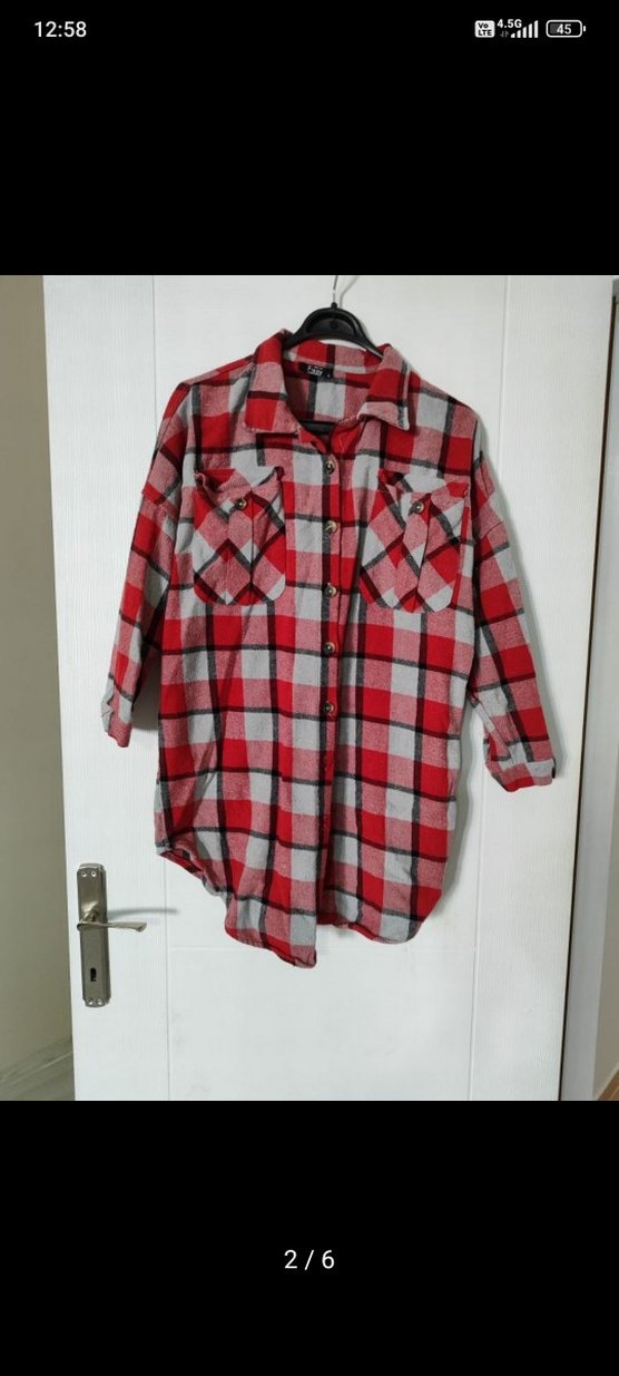 Kadın Kırmızı Gri Ekose Pamuklu Gömlek - Görsel 2