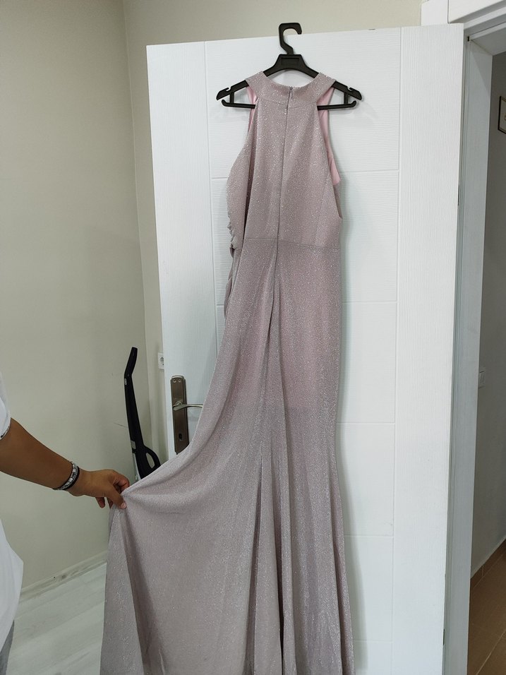 Drapeli Uzun Bej Kadın Abiye Elbise - Görsel 2