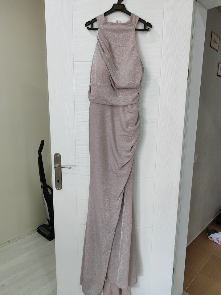 Drapeli Uzun Bej Kadın Abiye Elbise - Görsel 3