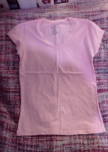 Pastel Pembe V Yaka Kısa Kollu Tişört