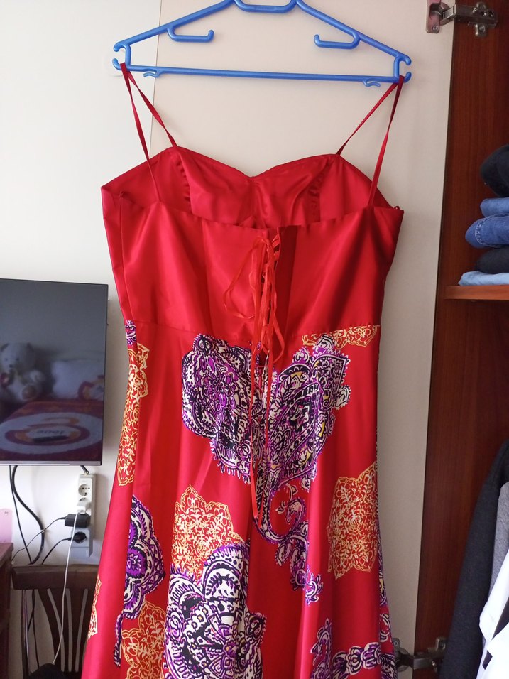 Kırmızı Desenli Uzun Bohem Abiye Elbise - Görsel 4