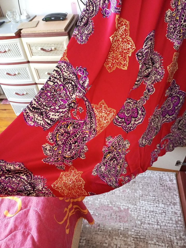 Kırmızı Desenli Uzun Bohem Abiye Elbise - Görsel 3