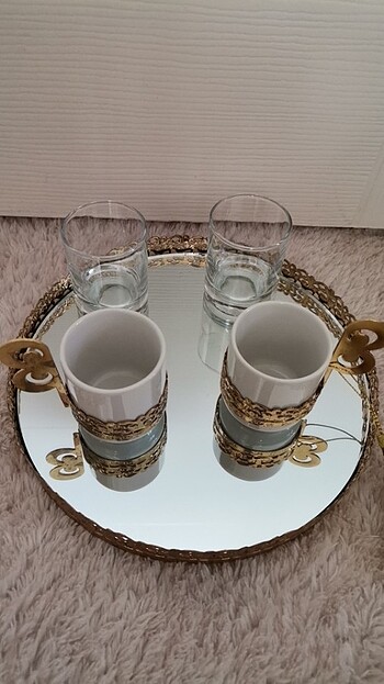 Fincan 2li set* Kahve yani su bardağı * Aynalı gold tepsi - Görsel 2