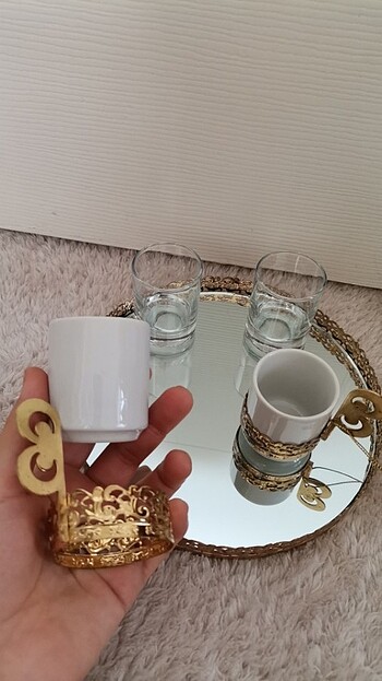 Fincan 2li set* Kahve yani su bardağı * Aynalı gold tepsi - Görsel 4