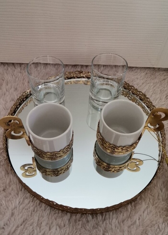 Fincan 2li set* Kahve yani su bardağı * Aynalı gold tepsi - Görsel 2