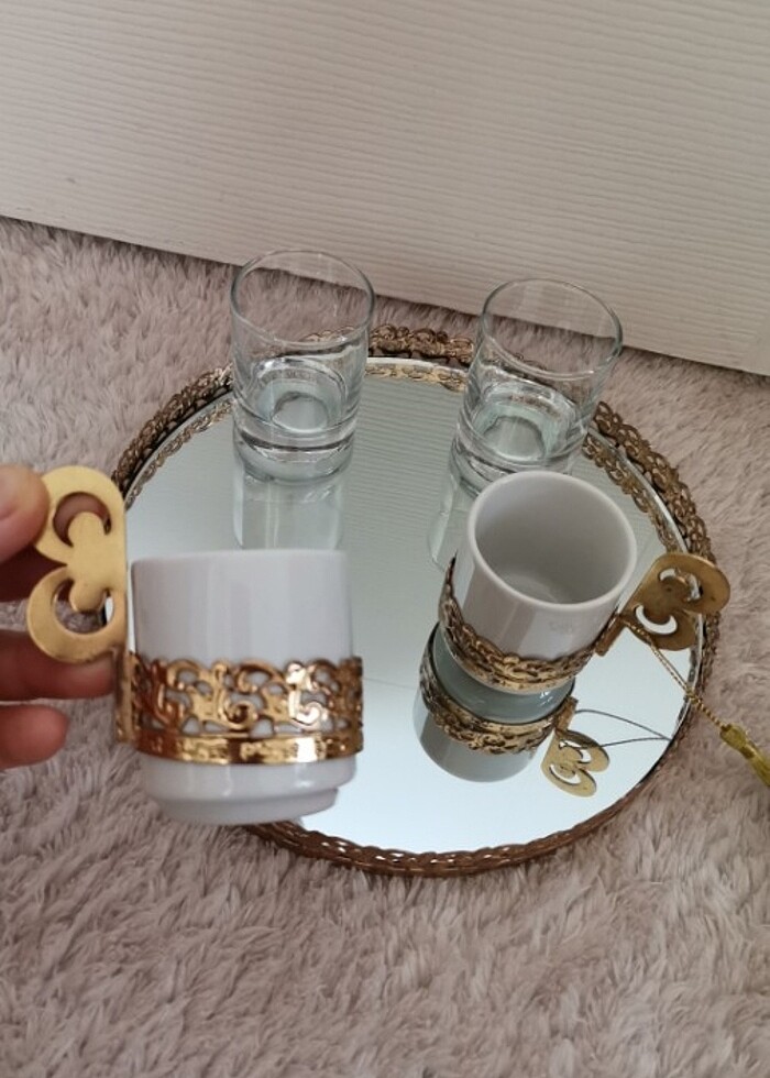 Fincan 2li set* Kahve yani su bardağı * Aynalı gold tepsi - Görsel 3