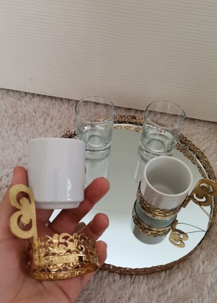 Fincan 2li set* Kahve yani su bardağı * Aynalı gold tepsi - Görsel 4