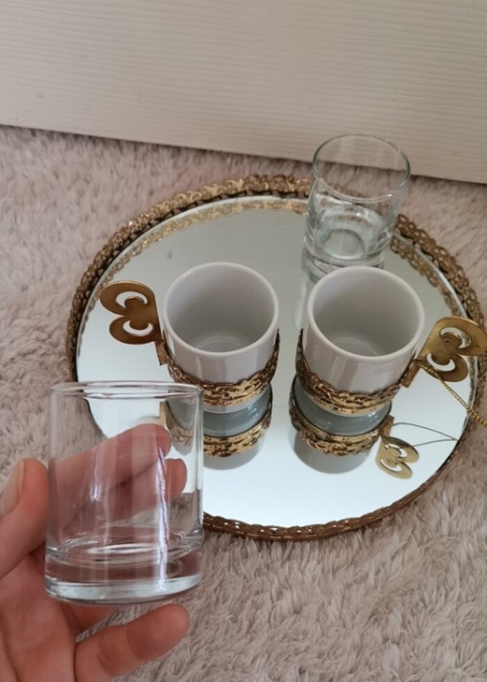 Fincan 2li set* Kahve yani su bardağı * Aynalı gold tepsi - Görsel 5