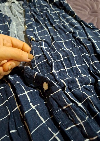 Kadın Mavi Kare Desenli Kemerli Tulum - Görsel 4