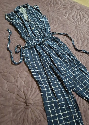 Kadın Mavi Kare Desenli Kemerli Tulum - Görsel 3