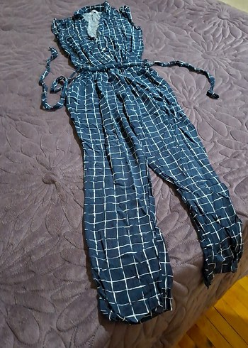 Kadın Mavi Kare Desenli Kemerli Tulum - Görsel 2