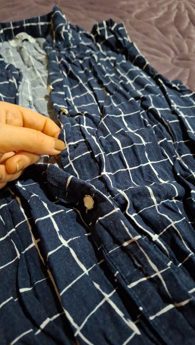 Kadın Mavi Kare Desenli Kemerli Tulum - Görsel 4