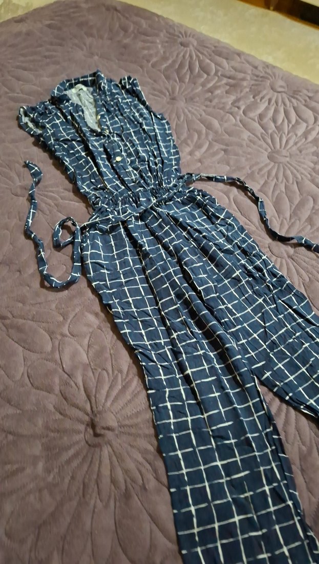 Kadın Mavi Kare Desenli Kemerli Tulum - Görsel 3