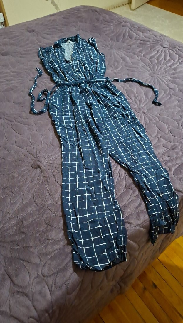 Kadın Mavi Kare Desenli Kemerli Tulum - Görsel 2