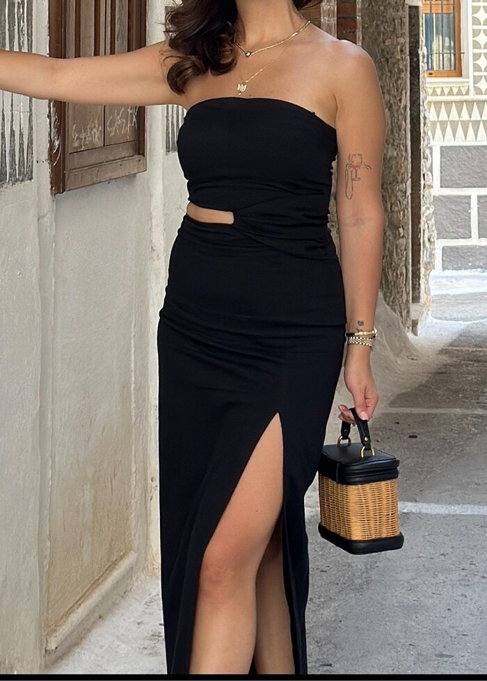 ZARA STRAPLEZ KETEN MİDİ ELBİSE - Görsel 2