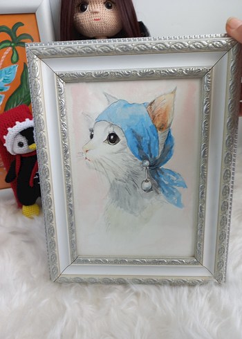 Mavi Fularlı Kedi Tablosu suluboya çalışması - Görsel 3