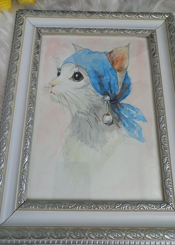 Mavi Fularlı Kedi Tablosu suluboya çalışması - Görsel 4