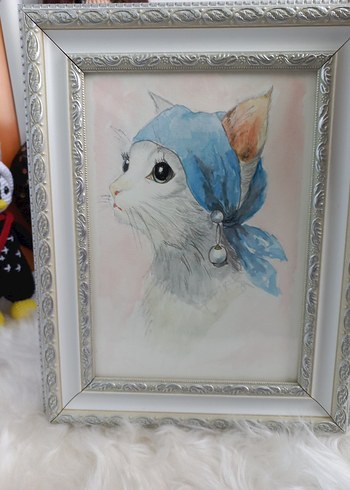 Mavi Fularlı Kedi Tablosu suluboya çalışması - Görsel 2