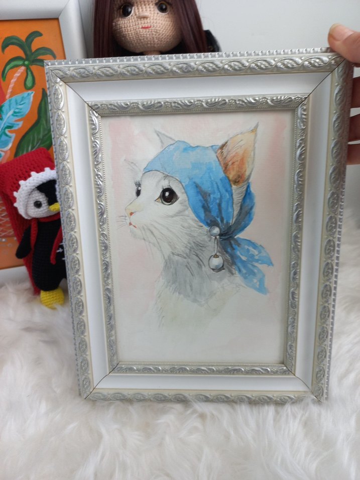 Mavi Fularlı Kedi Tablosu suluboya çalışması - Görsel 3