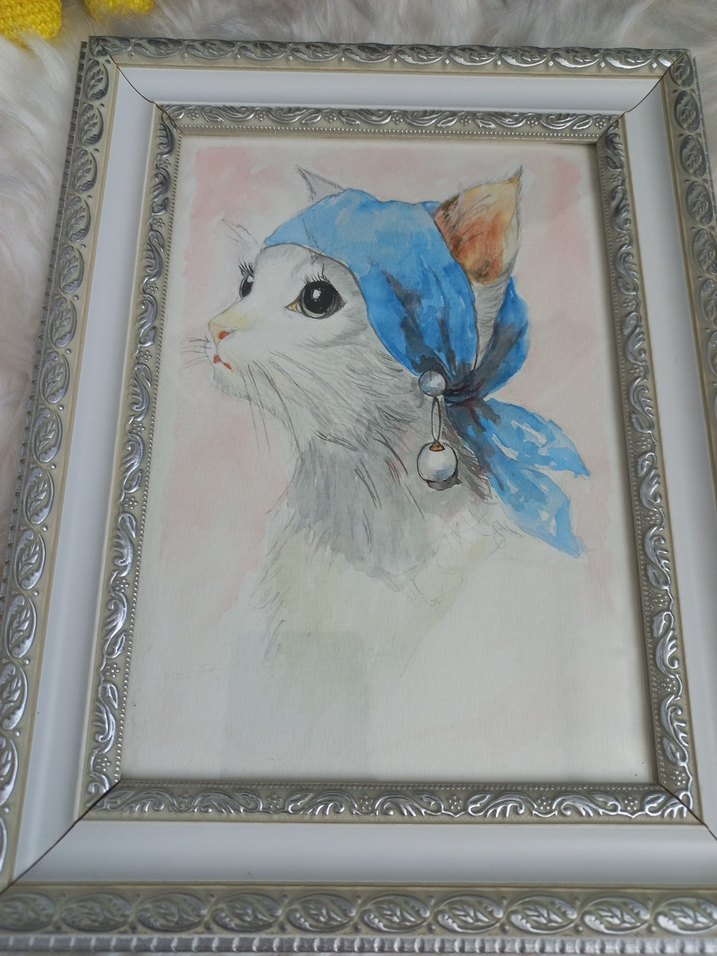 Mavi Fularlı Kedi Tablosu suluboya çalışması - Görsel 4