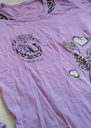 m Beden Leopar Desenli Mor Uzun Kollu Kadın Pijama Takımı