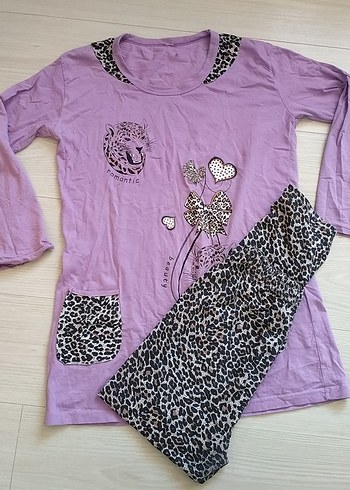 Leopar Desenli Mor Uzun Kollu Kadın Pijama Takımı