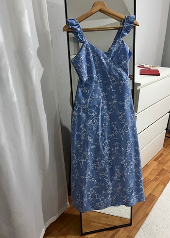 Mavi Askılı Uzun Bohem Elbise