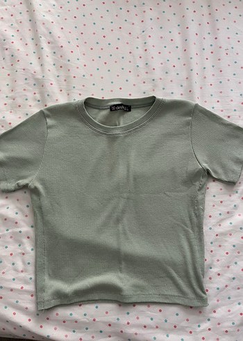 Yeşil Kısa Kollu Pamuklu Crop Tshirt